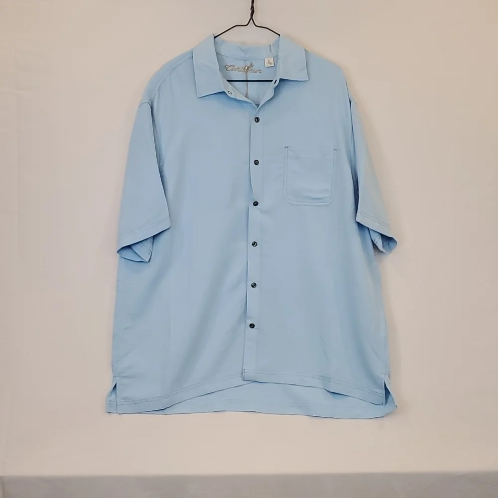 NWT Roundtree & Yorke Caribbean Powder Blue Pearl Snap Short Sleeve Shirt - XL - Picture 1 of 5